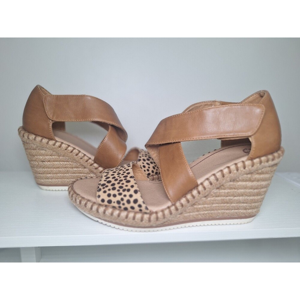 Dr Scholls Original Collection Tan Leather Animal Print Wedge Sandals Size 7.5